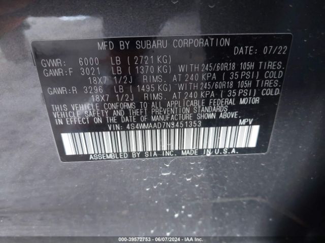 Photo 8 VIN: 4S4WMAAD7N3451353 - SUBARU ASCENT 