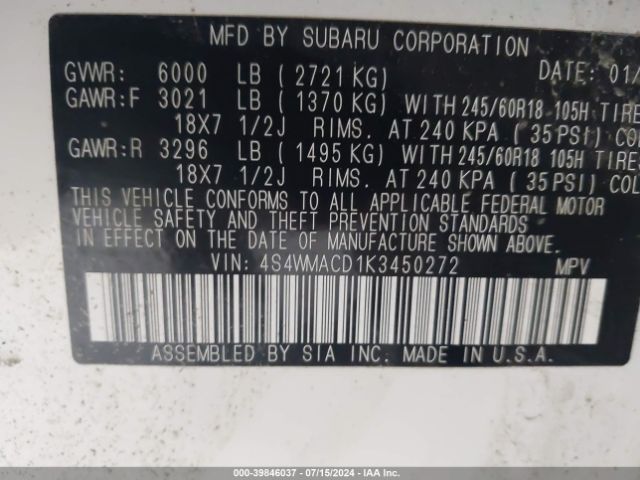 Photo 8 VIN: 4S4WMACD1K3450272 - SUBARU ASCENT 