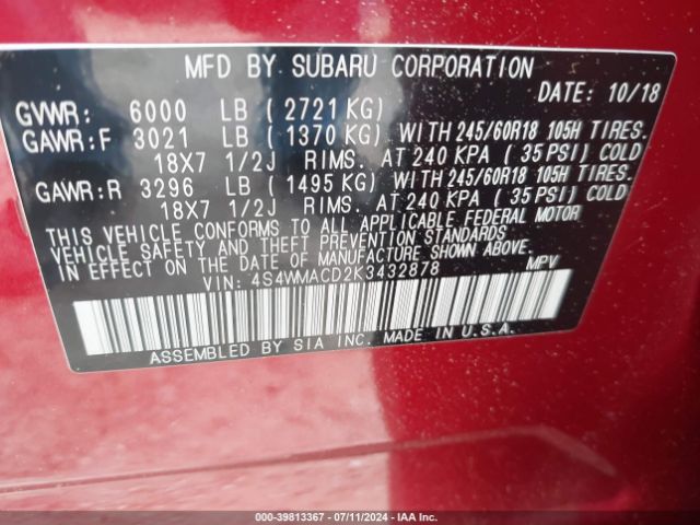 Photo 8 VIN: 4S4WMACD2K3432878 - SUBARU ASCENT 