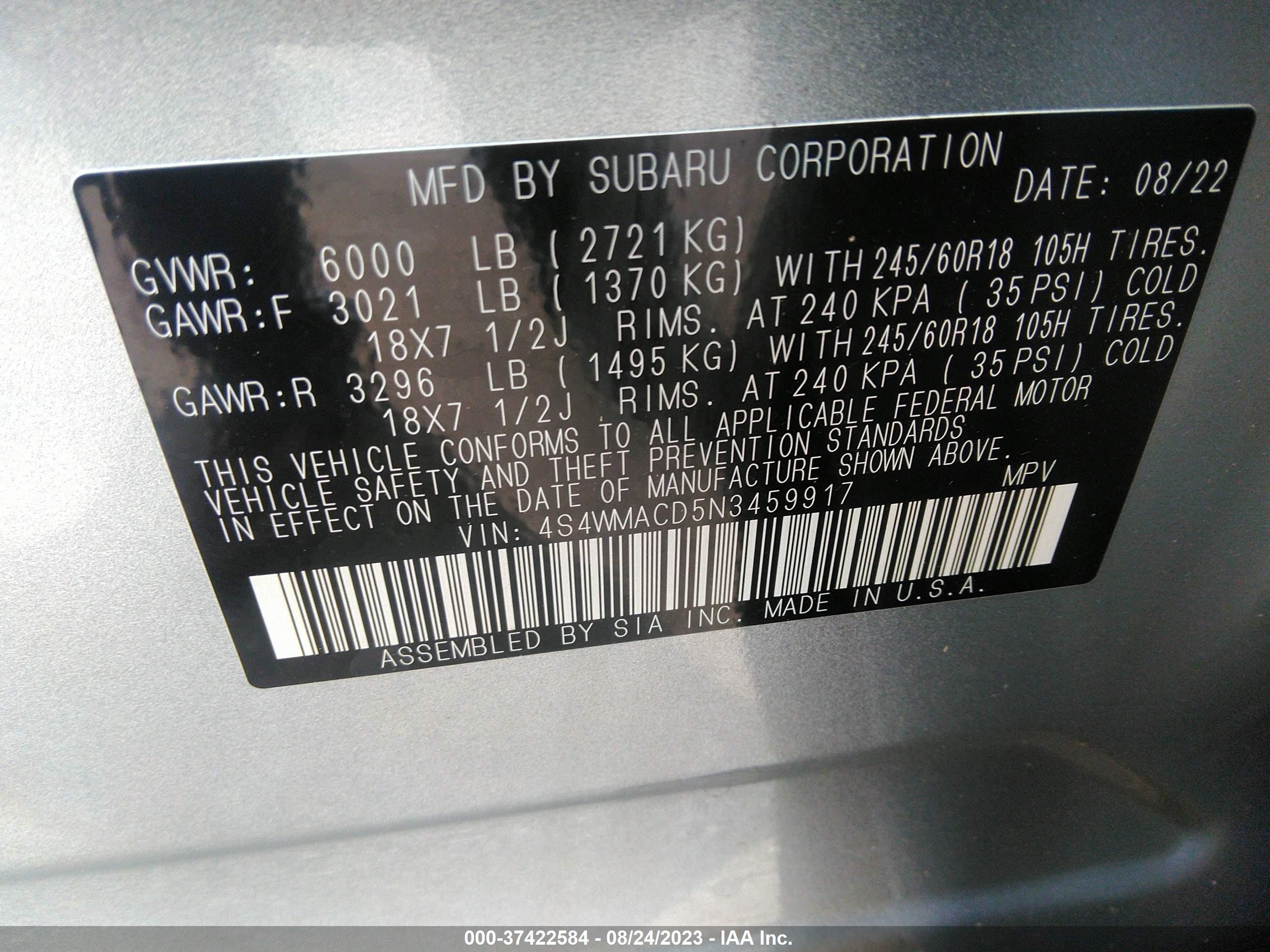 Photo 8 VIN: 4S4WMACD5N3459917 - SUBARU ASCENT 