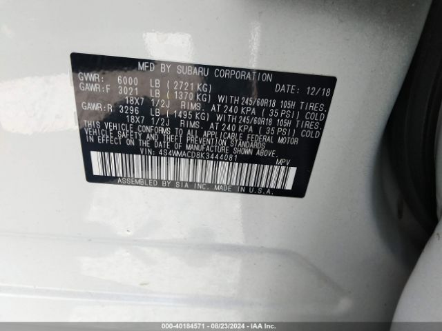 Photo 8 VIN: 4S4WMACD8K3444081 - SUBARU ASCENT 