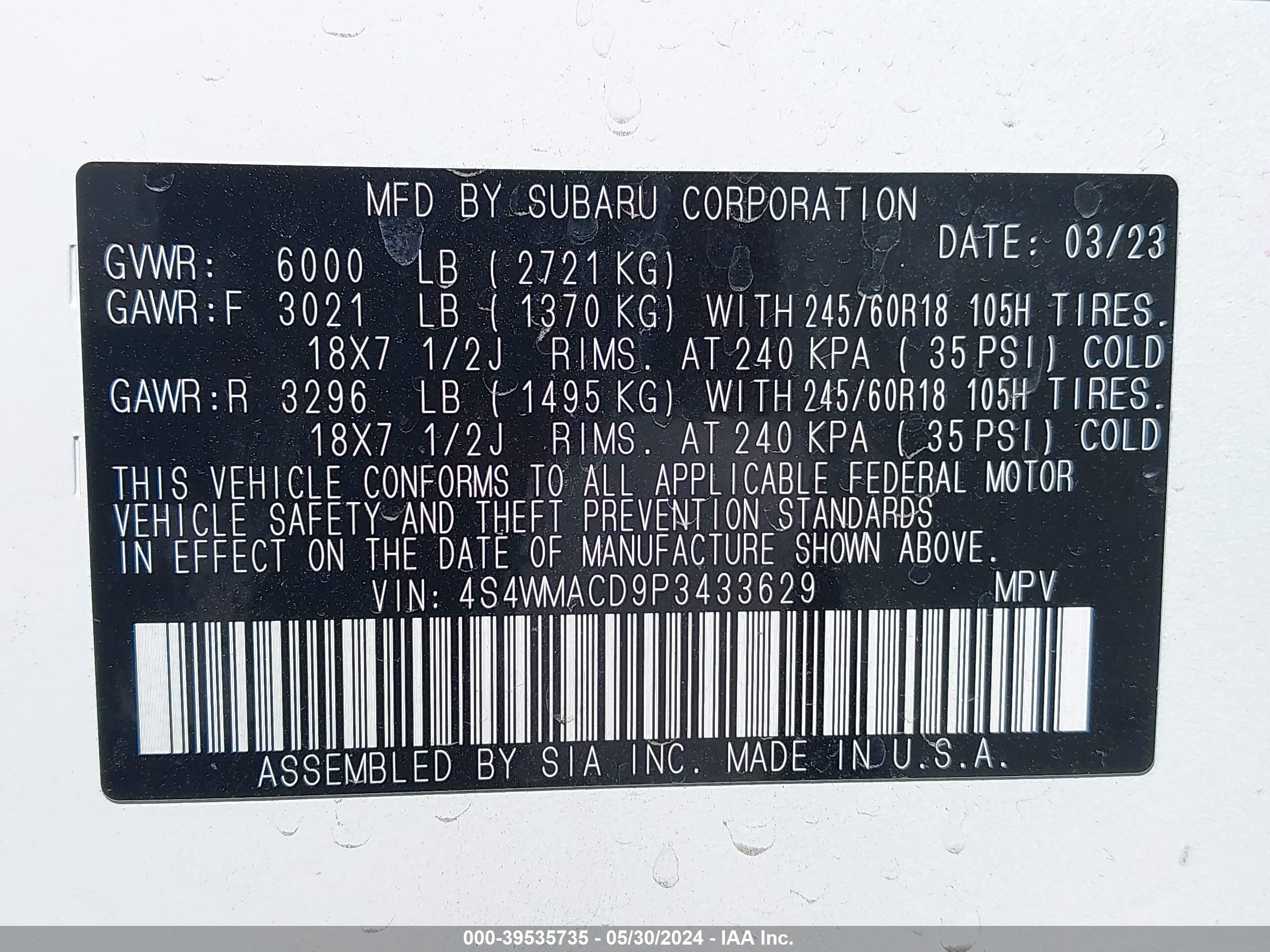 Photo 8 VIN: 4S4WMACD9P3433629 - SUBARU ASCENT 