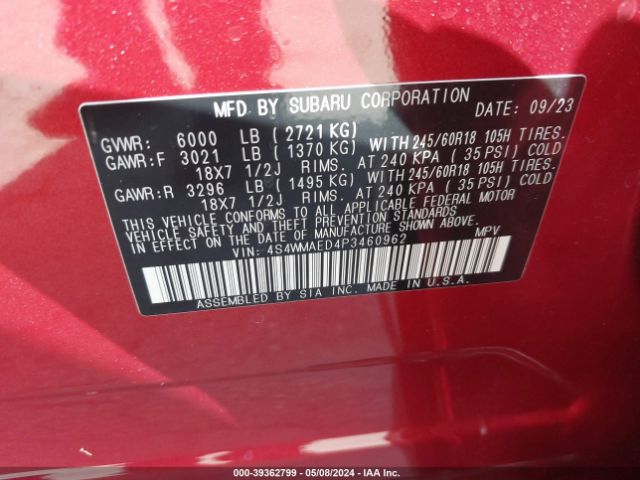 Photo 8 VIN: 4S4WMAED4P3460962 - SUBARU ASCENT 