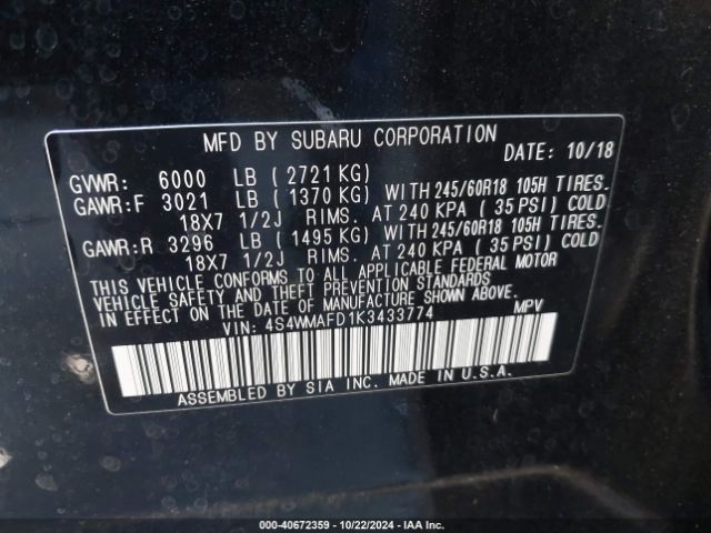 Photo 8 VIN: 4S4WMAFD1K3433774 - SUBARU ASCENT 