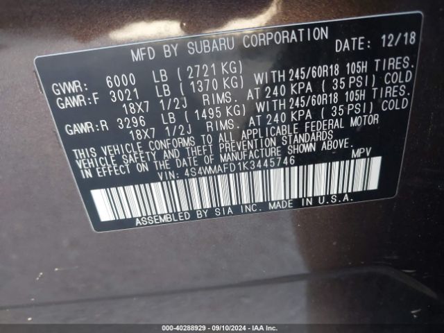 Photo 8 VIN: 4S4WMAFD1K3445746 - SUBARU ASCENT 