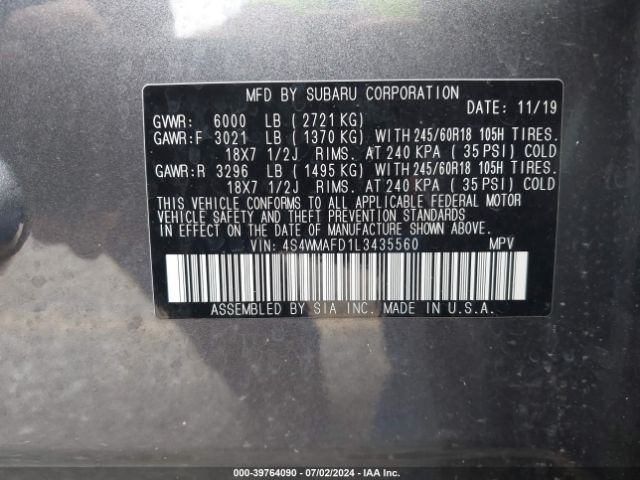 Photo 8 VIN: 4S4WMAFD1L3435560 - SUBARU ASCENT 