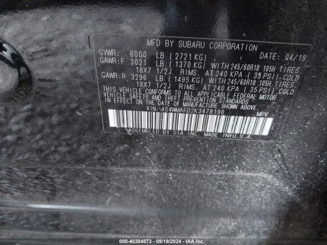 Photo 8 VIN: 4S4WMAFD2K3478190 - SUBARU ASCENT 