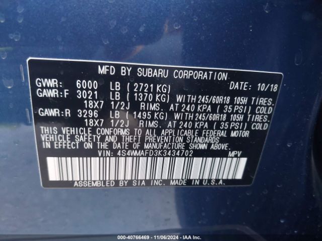 Photo 8 VIN: 4S4WMAFD3K3434702 - SUBARU ASCENT 