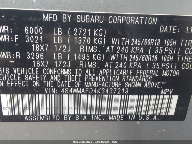 Photo 8 VIN: 4S4WMAFD4K3437219 - SUBARU ASCENT 