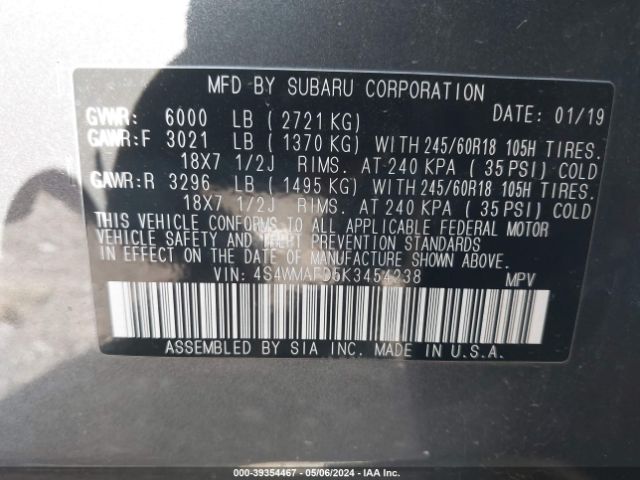 Photo 8 VIN: 4S4WMAFD5K3454238 - SUBARU ASCENT 