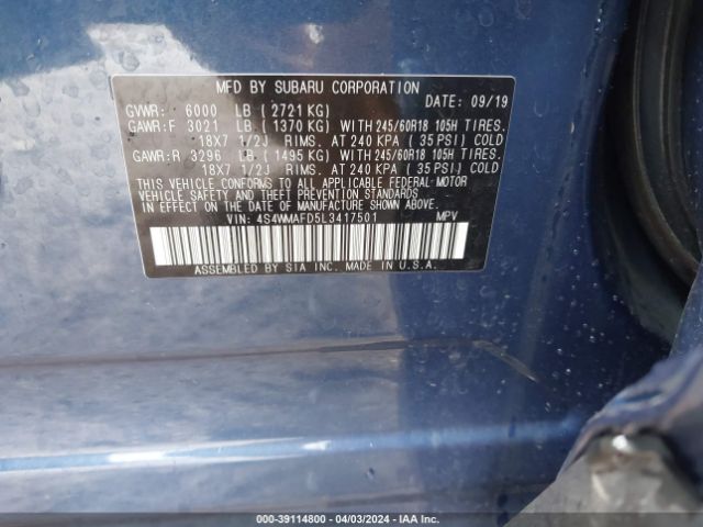 Photo 8 VIN: 4S4WMAFD5L3417501 - SUBARU ASCENT 