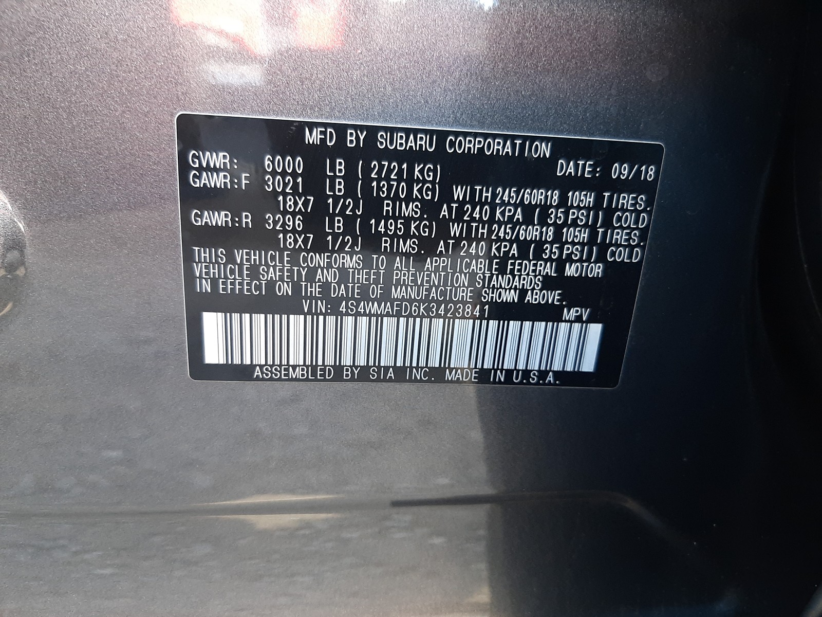 Photo 9 VIN: 4S4WMAFD6K3423841 - SUBARU ASCENT PRE 