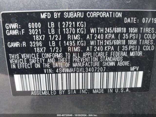 Photo 8 VIN: 4S4WMAFDXL3407207 - SUBARU ASCENT 