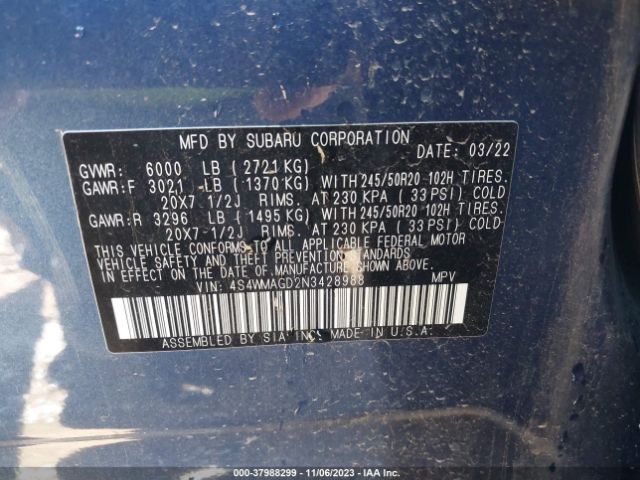 Photo 8 VIN: 4S4WMAGD2N3428988 - SUBARU ASCENT 