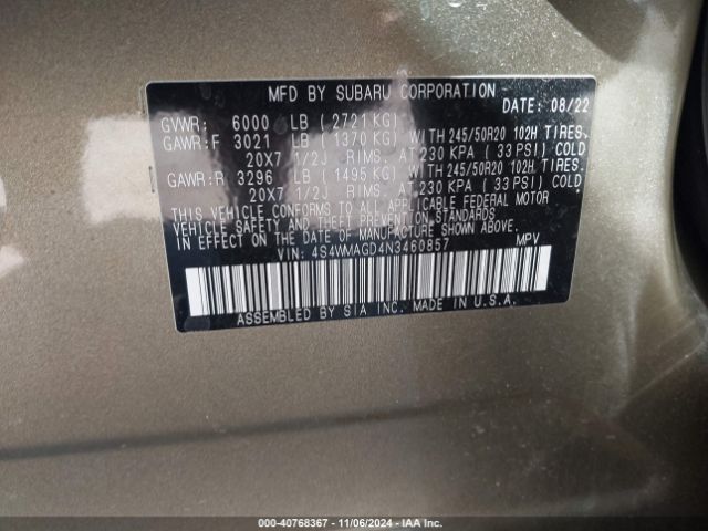 Photo 8 VIN: 4S4WMAGD4N3460857 - SUBARU ASCENT 