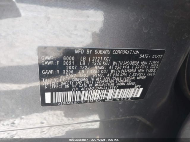 Photo 8 VIN: 4S4WMAJD4N3418567 - SUBARU ASCENT 