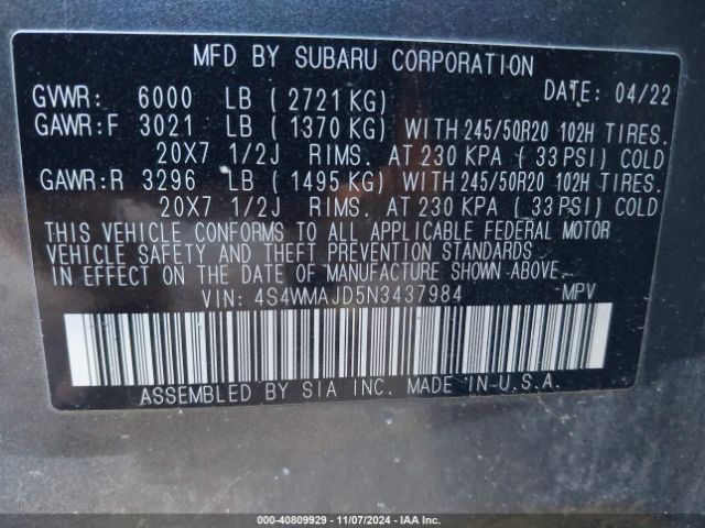 Photo 8 VIN: 4S4WMAJD5N3437984 - SUBARU ASCENT 