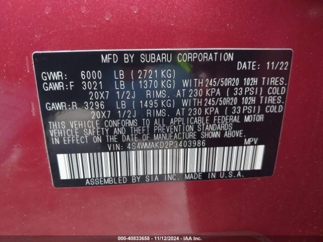 Photo 8 VIN: 4S4WMAKD2P3403986 - SUBARU ASCENT 