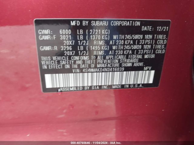 Photo 8 VIN: 4S4WMAKD4N3416039 - SUBARU ASCENT 