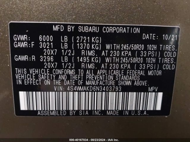 Photo 8 VIN: 4S4WMAKD6N3403793 - SUBARU ASCENT 