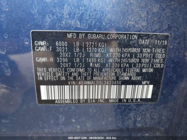 Photo 8 VIN: 4S4WMALD0L3433450 - SUBARU ASCENT 