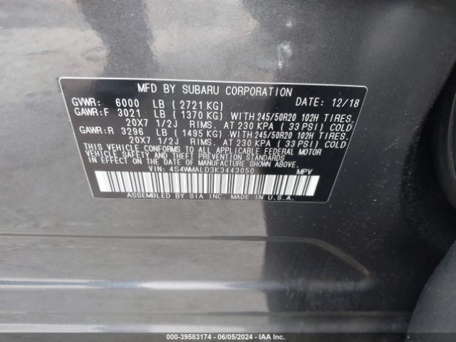 Photo 8 VIN: 4S4WMALD3K3443050 - SUBARU ASCENT 