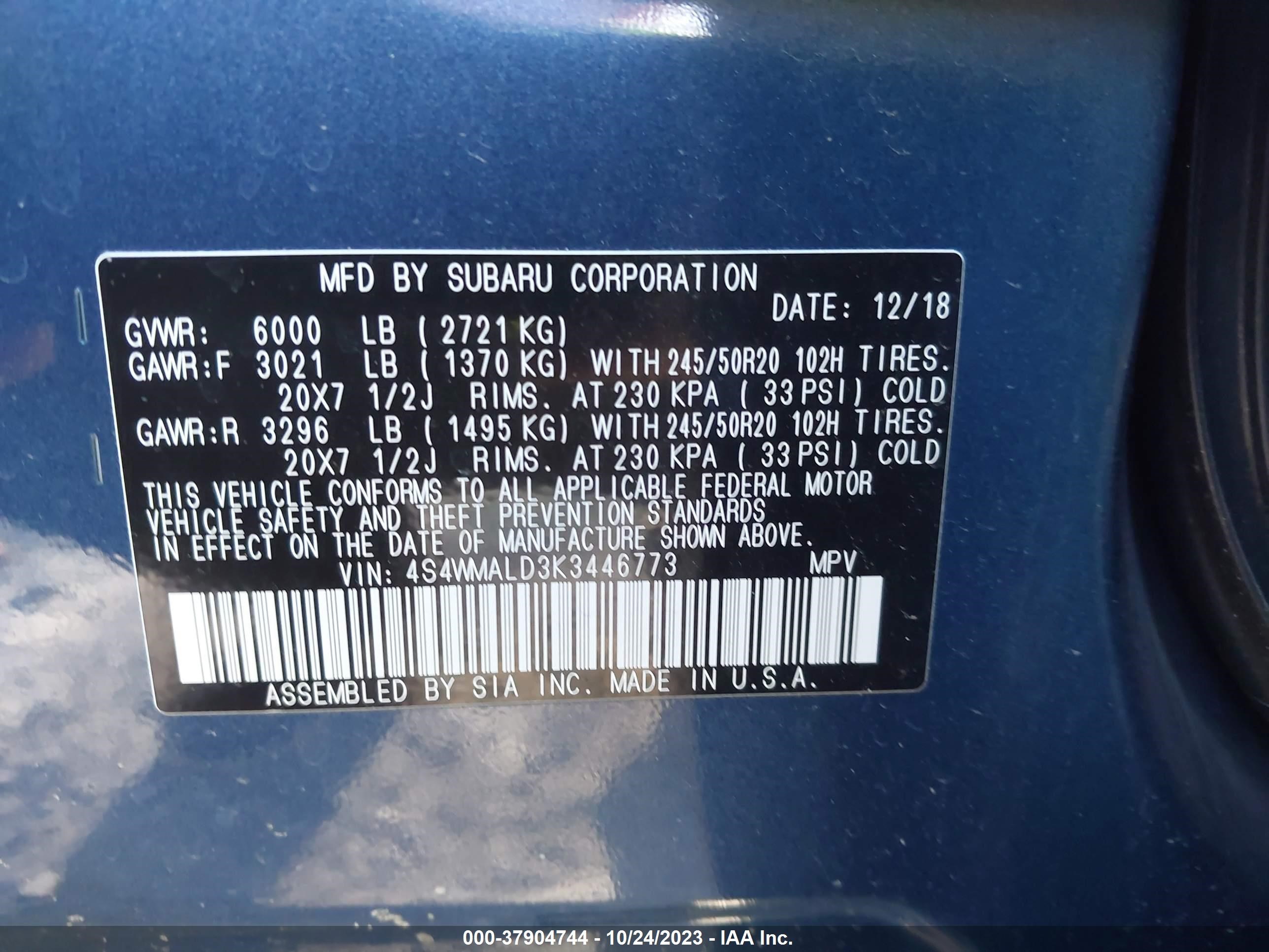 Photo 8 VIN: 4S4WMALD3K3446773 - SUBARU ASCENT 