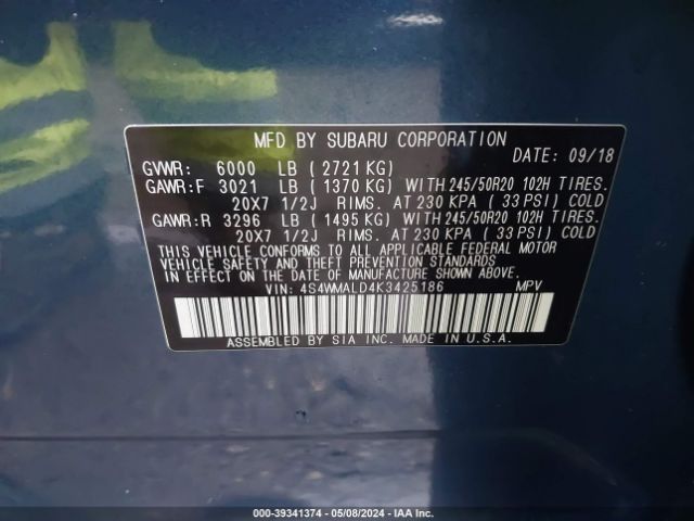 Photo 8 VIN: 4S4WMALD4K3425186 - SUBARU ASCENT 