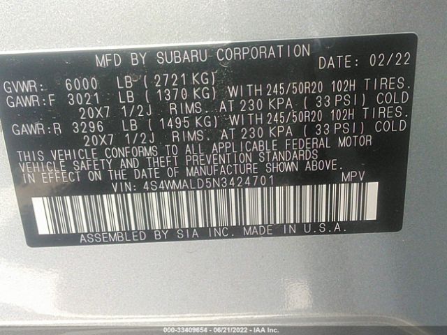 Photo 8 VIN: 4S4WMALD5N3424701 - SUBARU ASCENT 