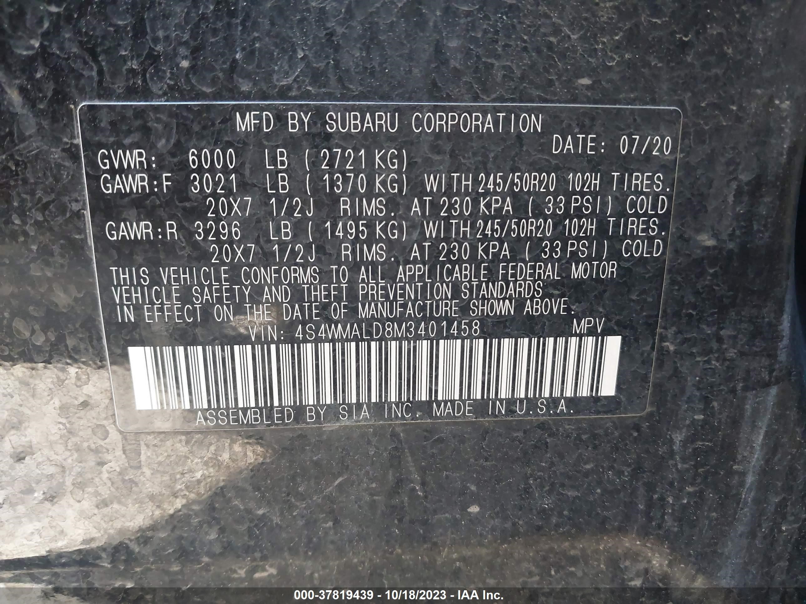 Photo 8 VIN: 4S4WMALD8M3401458 - SUBARU ASCENT 