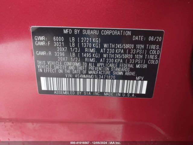 Photo 8 VIN: 4S4WMAMD1L3471820 - SUBARU ASCENT 