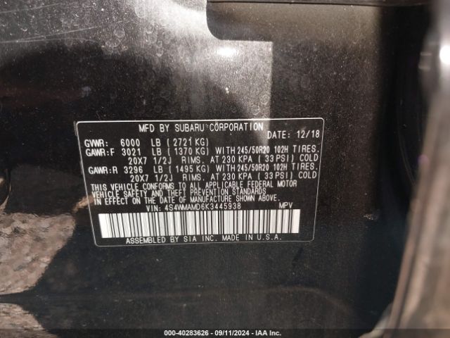 Photo 8 VIN: 4S4WMAMD6K3445938 - SUBARU ASCENT 