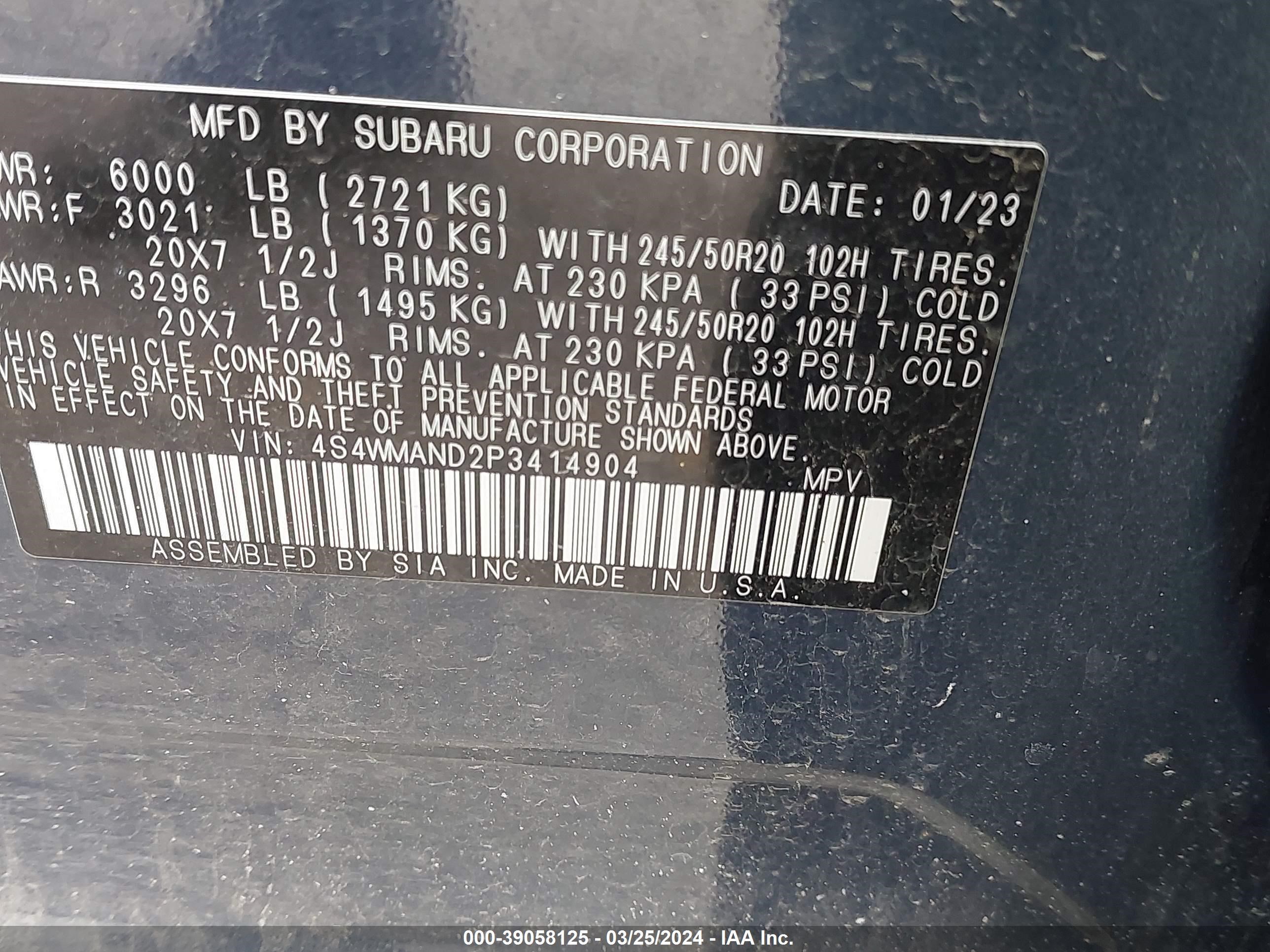 Photo 8 VIN: 4S4WMAND2P3414904 - SUBARU ASCENT 