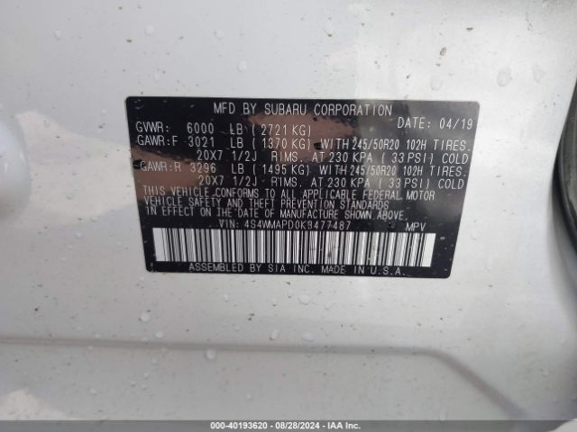 Photo 8 VIN: 4S4WMAPD0K3477487 - SUBARU ASCENT 