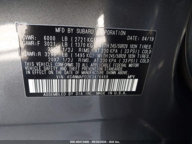 Photo 8 VIN: 4S4WMAPD2K3476468 - SUBARU ASCENT 