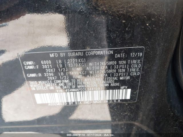 Photo 8 VIN: 4S4WMAPD2L3441091 - SUBARU ASCENT 