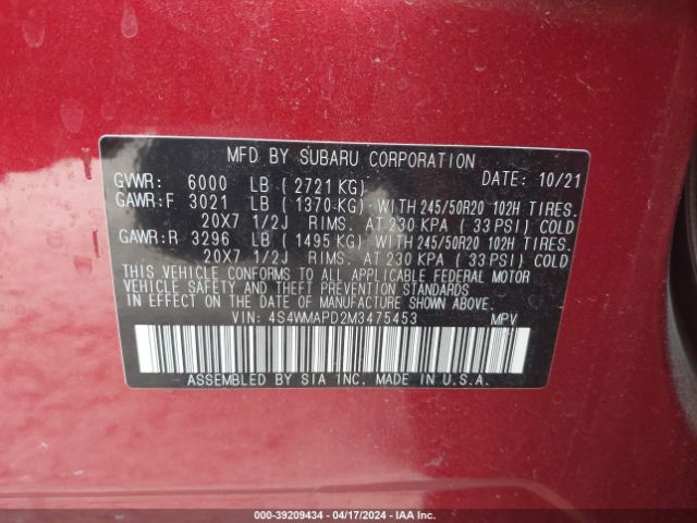 Photo 8 VIN: 4S4WMAPD2M3475453 - SUBARU ASCENT 