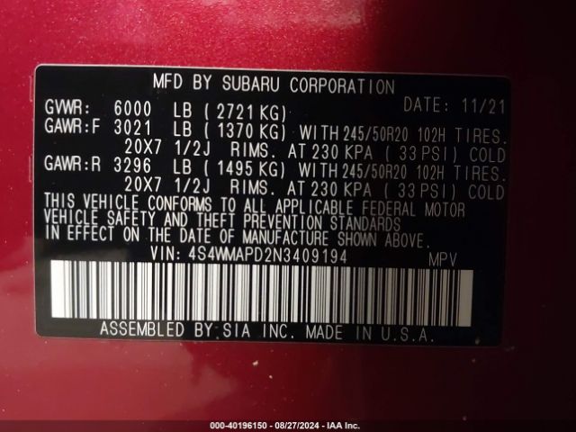 Photo 8 VIN: 4S4WMAPD2N3409194 - SUBARU ASCENT 