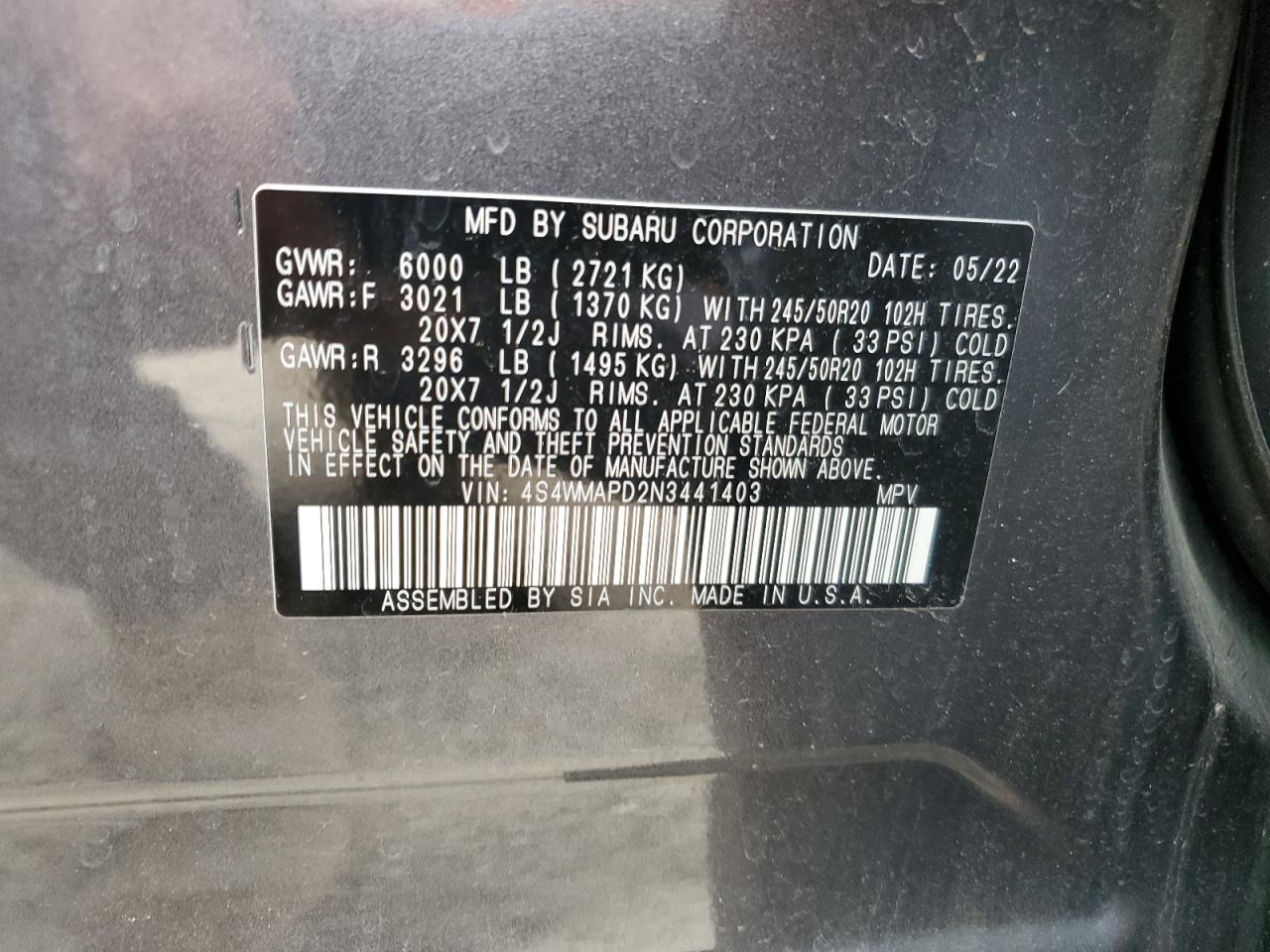 Photo 11 VIN: 4S4WMAPD2N3441403 - SUBARU ASCENT LIM 