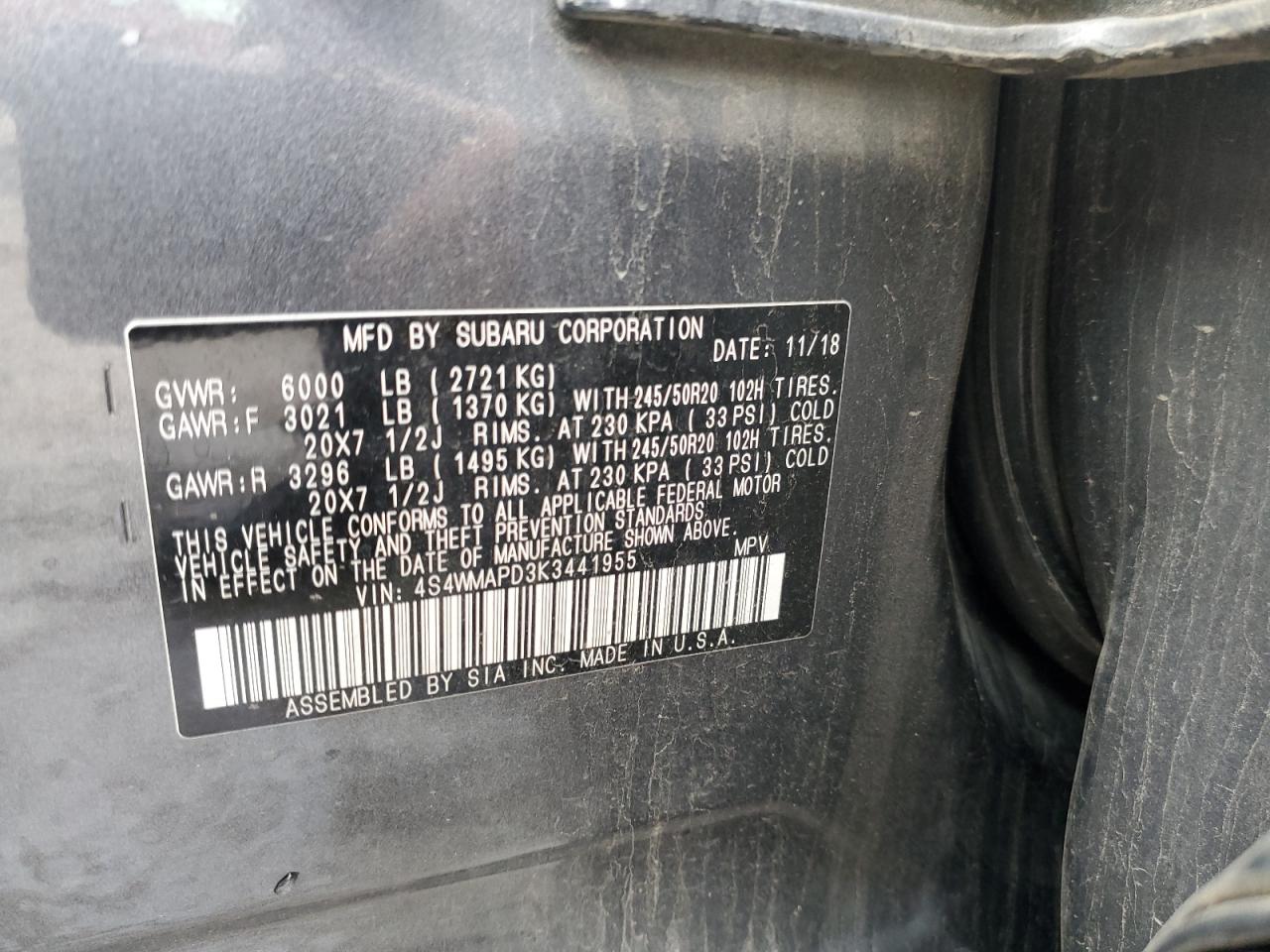 Photo 12 VIN: 4S4WMAPD3K3441955 - SUBARU ASCENT 