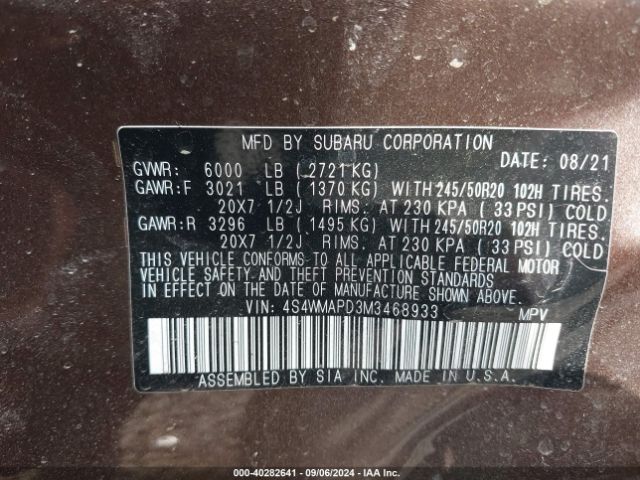 Photo 8 VIN: 4S4WMAPD3M3468933 - SUBARU ASCENT 