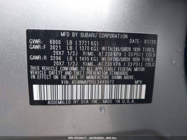 Photo 8 VIN: 4S4WMAPD5L3449072 - SUBARU ASCENT 