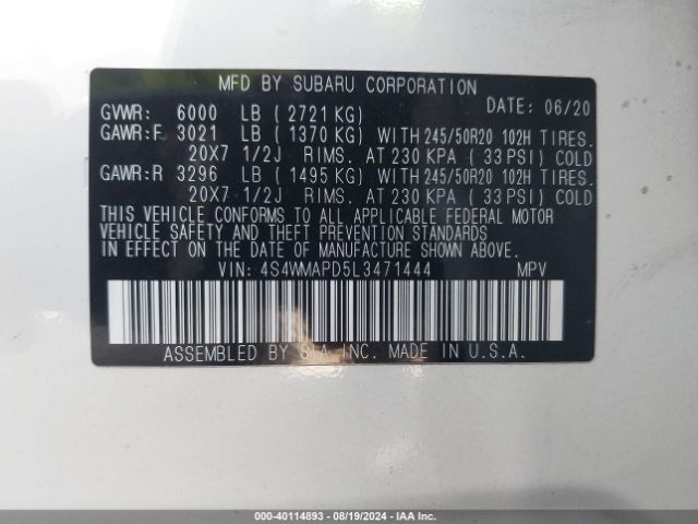 Photo 8 VIN: 4S4WMAPD5L3471444 - SUBARU ASCENT 