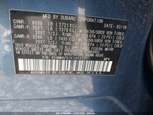 Photo 8 VIN: 4S4WMAPD7K3459360 - SUBARU ASCENT 