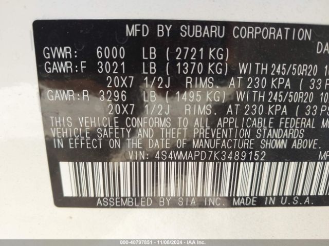 Photo 8 VIN: 4S4WMAPD7K3489152 - SUBARU ASCENT 