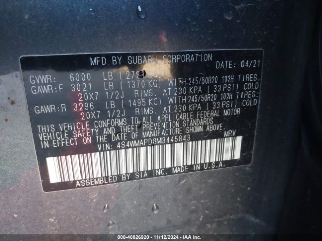 Photo 8 VIN: 4S4WMAPD8M3445843 - SUBARU ASCENT 