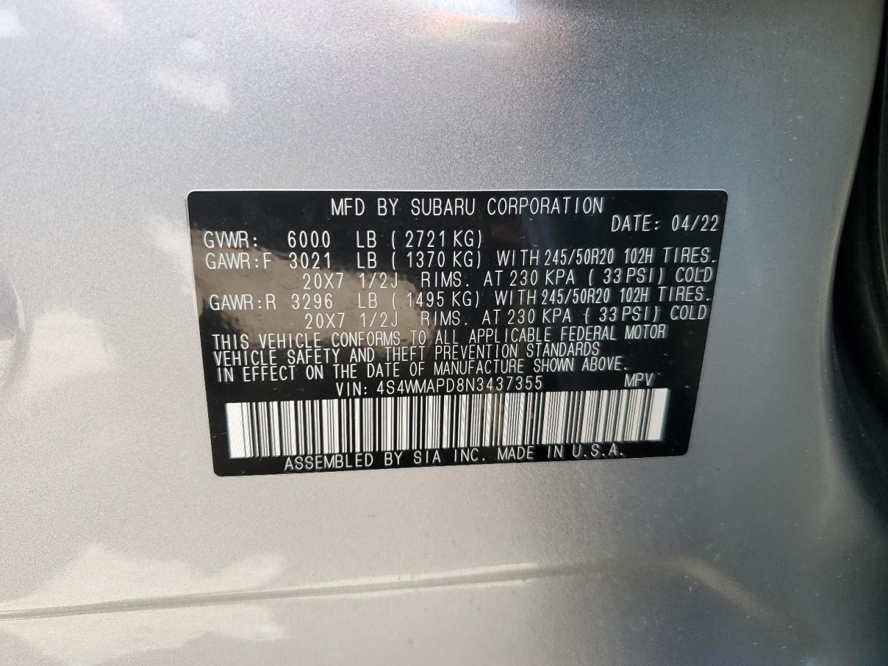 Photo 11 VIN: 4S4WMAPD8N3437355 - SUBARU ASCENT 