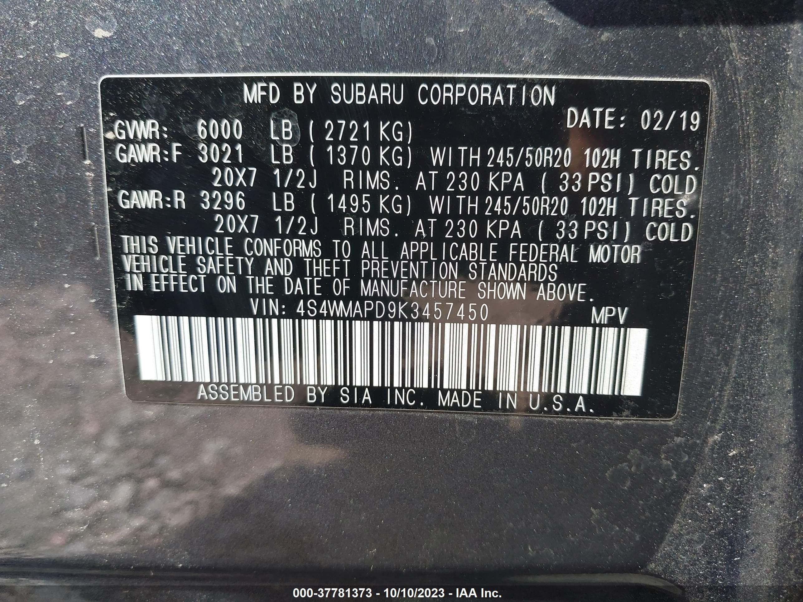 Photo 8 VIN: 4S4WMAPD9K3457450 - SUBARU ASCENT 