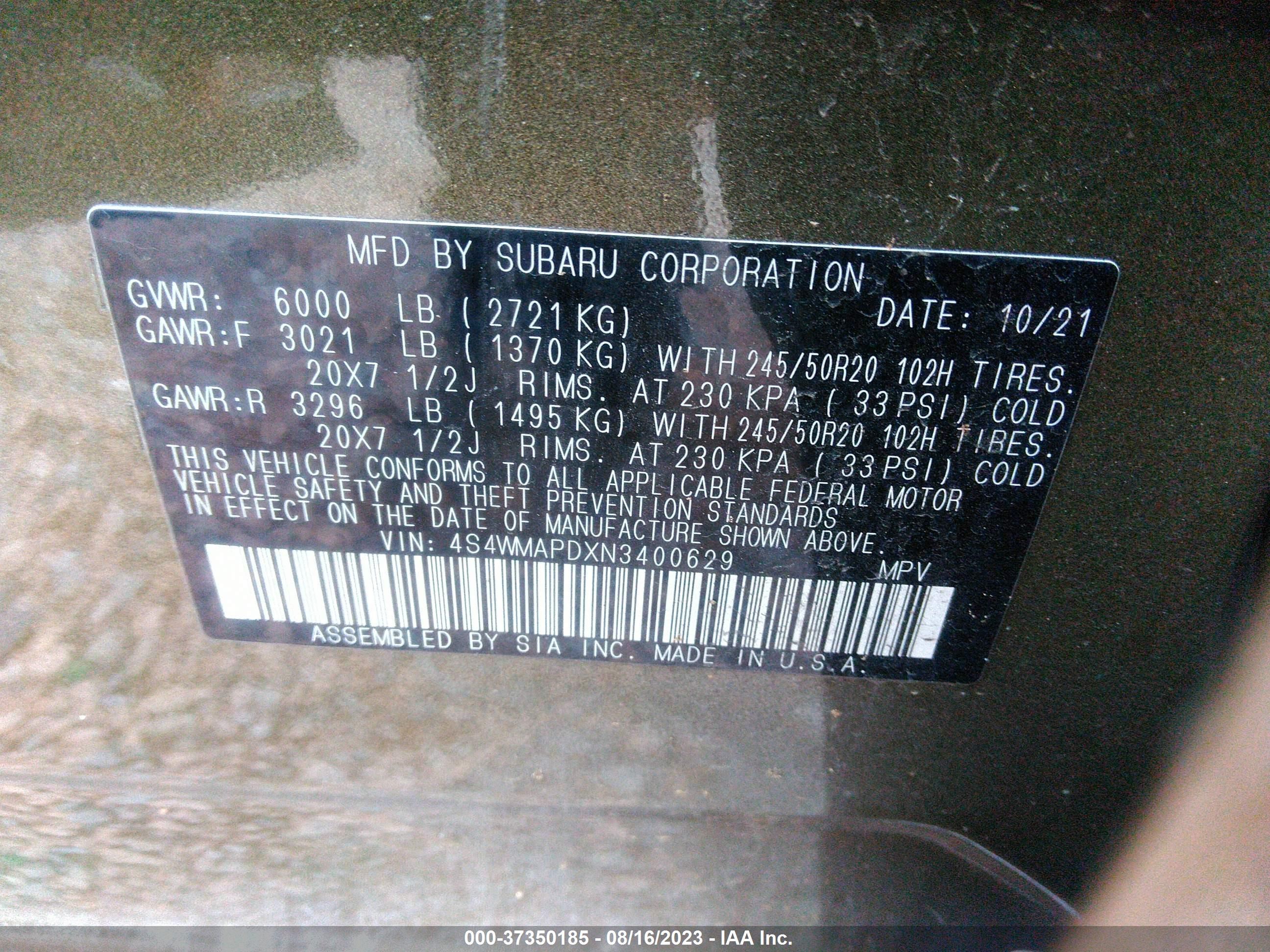 Photo 8 VIN: 4S4WMAPDXN3400629 - SUBARU ASCENT 