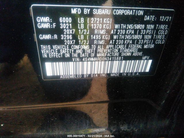 Photo 8 VIN: 4S4WMARD0N3415881 - SUBARU ASCENT 